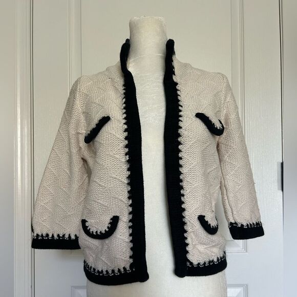 CAbi Women’s Cream With Black Trim 100% Cotton Open Cardigan Sweater Size Small - Picture 1 of 14